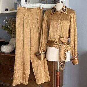 Vintage 80s JEANNE MARC Gold Crinkle Pleat Pant Blouse Set Outfit S/M